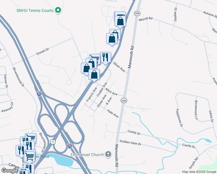 map of restaurants, bars, coffee shops, grocery stores, and more near 38 Elmer Avenue in Hooksett