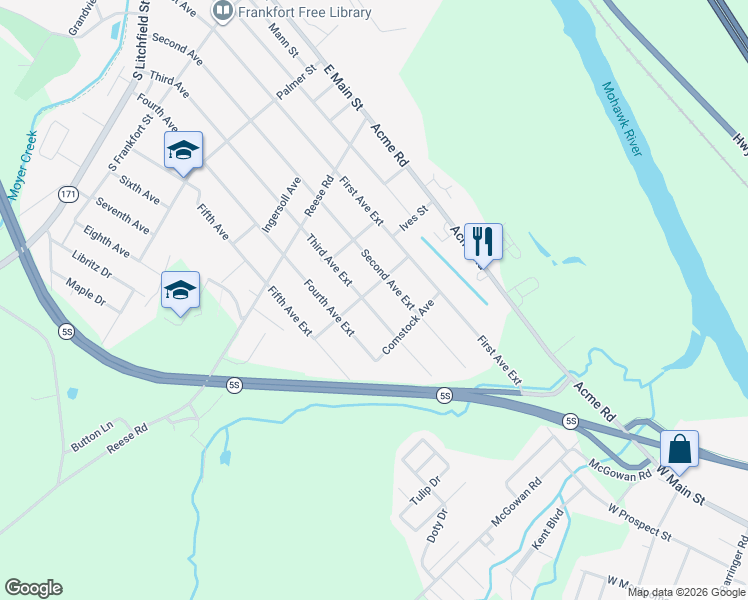 map of restaurants, bars, coffee shops, grocery stores, and more near 505 Third Avenue Extension in Frankfort