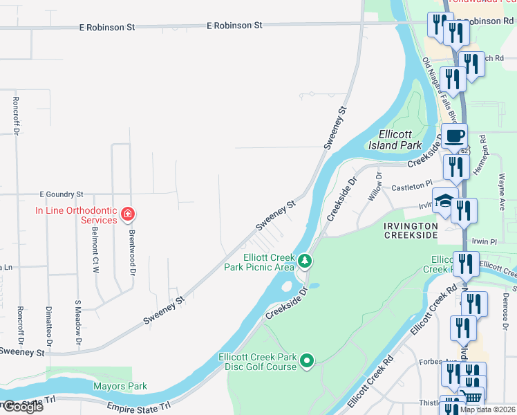 map of restaurants, bars, coffee shops, grocery stores, and more near 1326 Sweeney Street in North Tonawanda