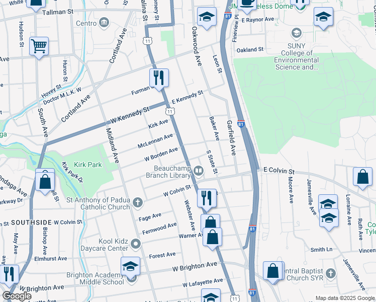 map of restaurants, bars, coffee shops, grocery stores, and more near 1925 South Salina Street in Syracuse