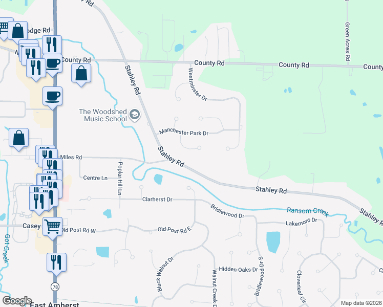 map of restaurants, bars, coffee shops, grocery stores, and more near 8309 Parliament Cir in East Amherst