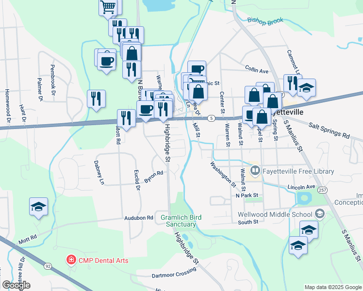 map of restaurants, bars, coffee shops, grocery stores, and more near 209 Highbridge Street in Fayetteville