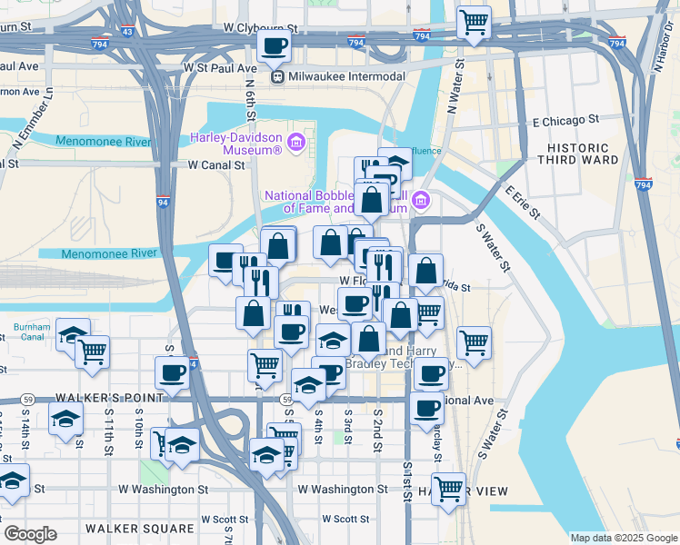 map of restaurants, bars, coffee shops, grocery stores, and more near 300 West Florida Street in Milwaukee