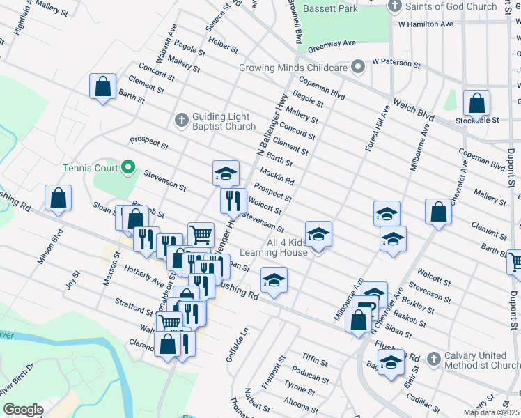 map of restaurants, bars, coffee shops, grocery stores, and more near 2835 Wolcott Street in Flint