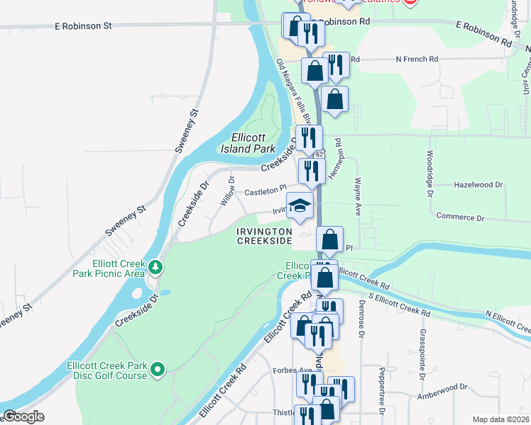 map of restaurants, bars, coffee shops, grocery stores, and more near Irvington Drive in Erie County