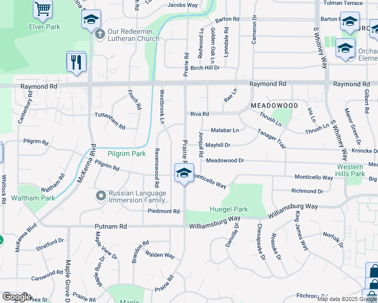 map of restaurants, bars, coffee shops, grocery stores, and more near 2305 Prairie Road in Madison