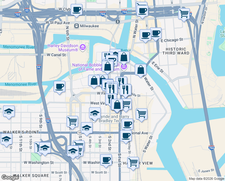 map of restaurants, bars, coffee shops, grocery stores, and more near 324 South 2nd Street in Milwaukee