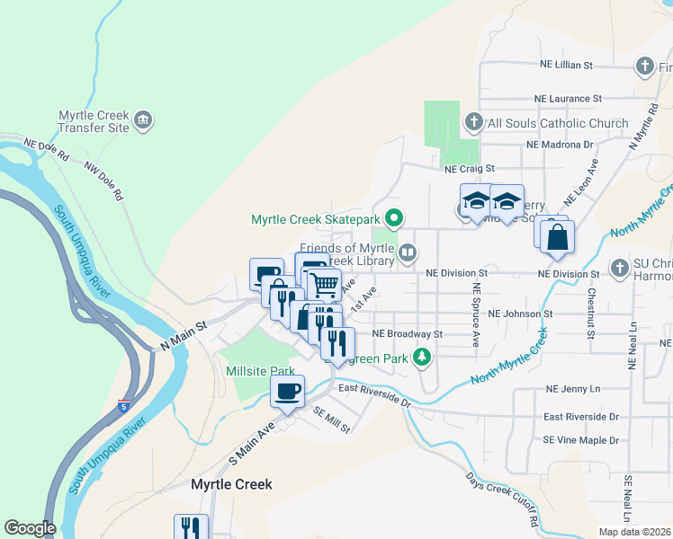map of restaurants, bars, coffee shops, grocery stores, and more near 241 Northwest Division Street in Myrtle Creek