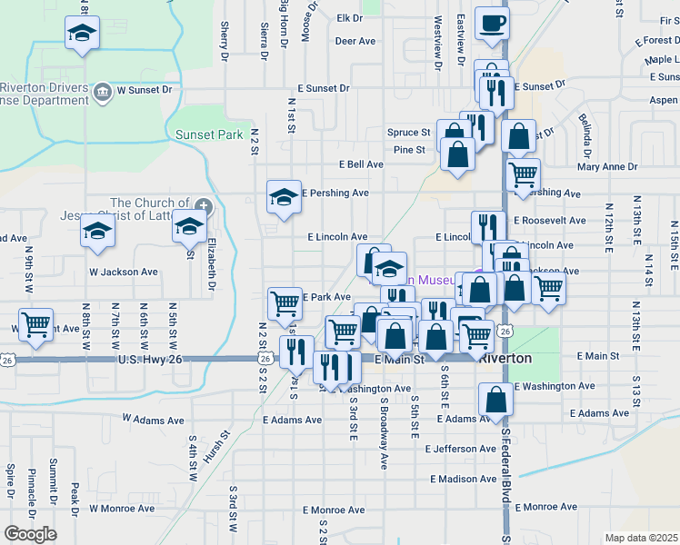 map of restaurants, bars, coffee shops, grocery stores, and more near 215 East Jackson Avenue in Riverton
