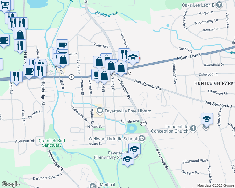 map of restaurants, bars, coffee shops, grocery stores, and more near 601 Clinton Street in Fayetteville