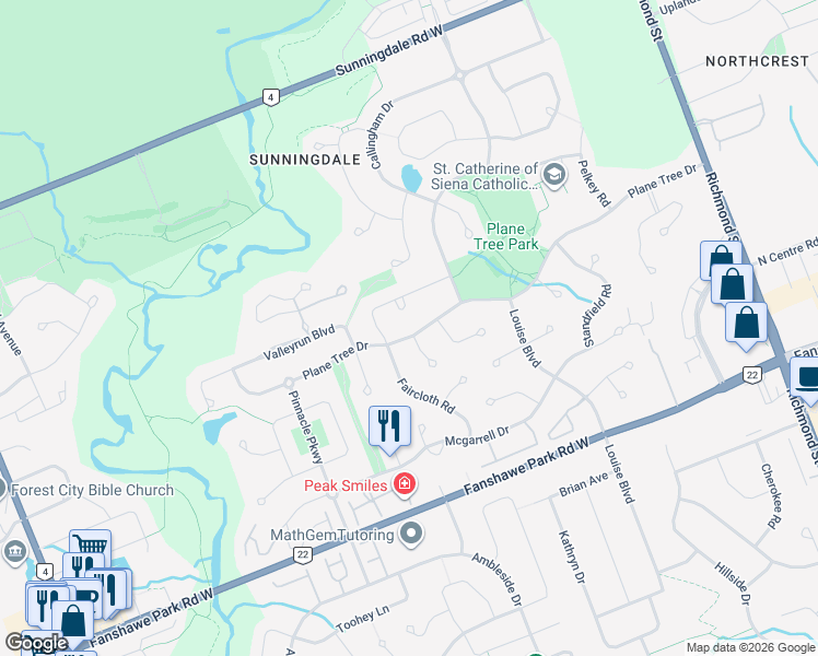 map of restaurants, bars, coffee shops, grocery stores, and more near 382 Plane Tree Drive in London