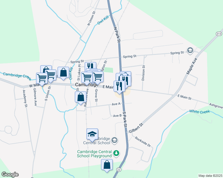 map of restaurants, bars, coffee shops, grocery stores, and more near 40 East Main Street in Cambridge