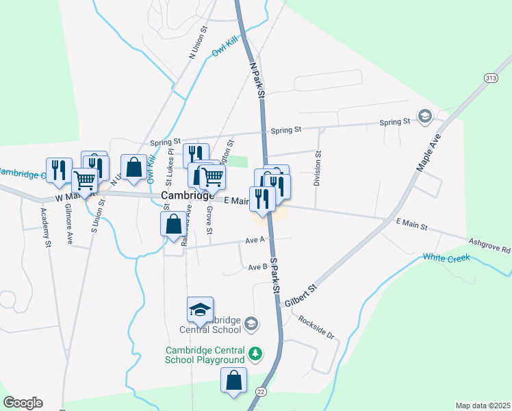 map of restaurants, bars, coffee shops, grocery stores, and more near 40 East Main Street in Cambridge