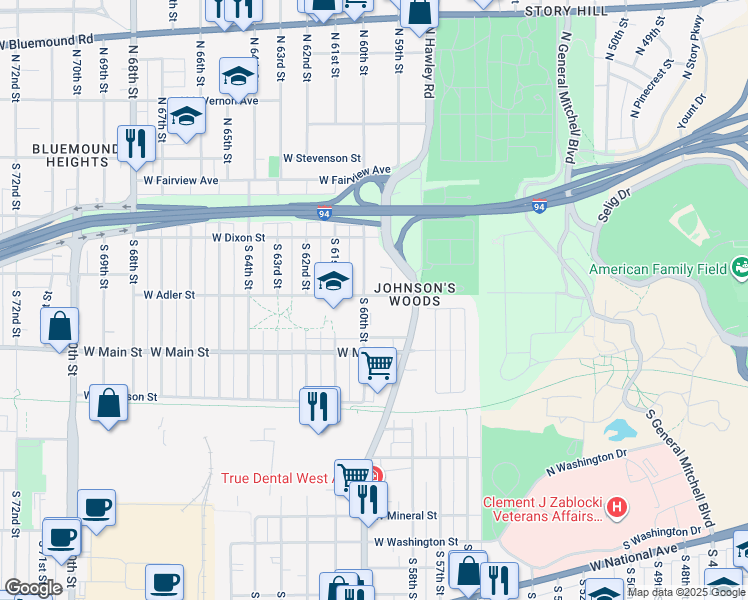 map of restaurants, bars, coffee shops, grocery stores, and more near 5923 West Adler Street in Milwaukee