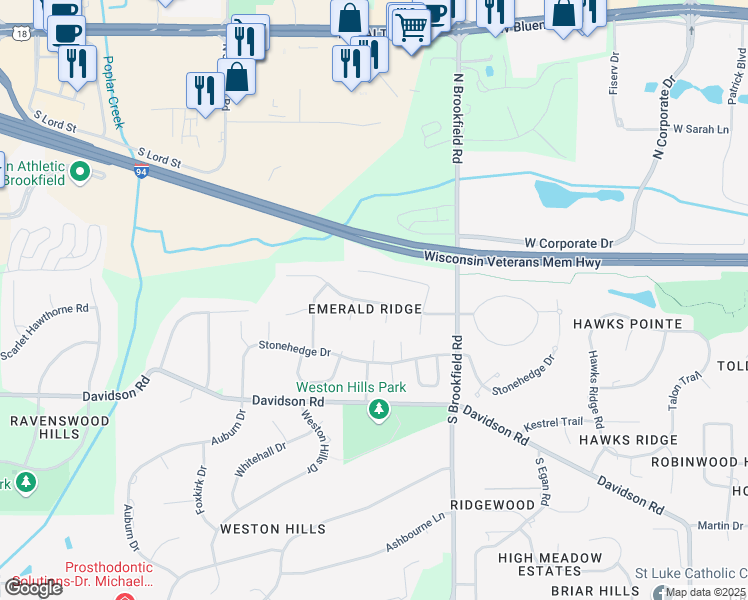map of restaurants, bars, coffee shops, grocery stores, and more near 19080 Emerald Drive in Brookfield