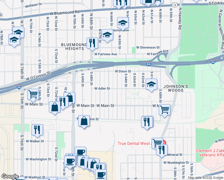 map of restaurants, bars, coffee shops, grocery stores, and more near 6521 West Adler Street in Milwaukee
