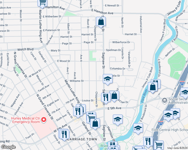 map of restaurants, bars, coffee shops, grocery stores, and more near 1219 Chippewa Street in Flint