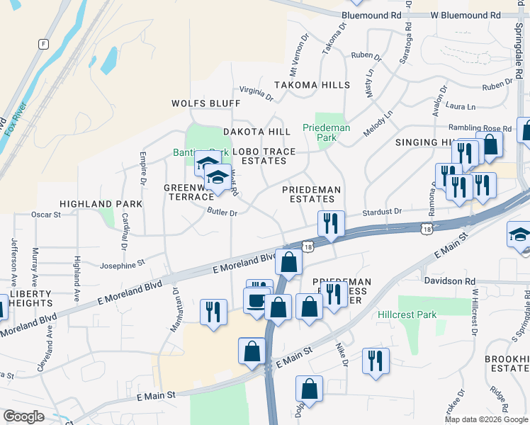 map of restaurants, bars, coffee shops, grocery stores, and more near 1822 Wolf Road in Waukesha