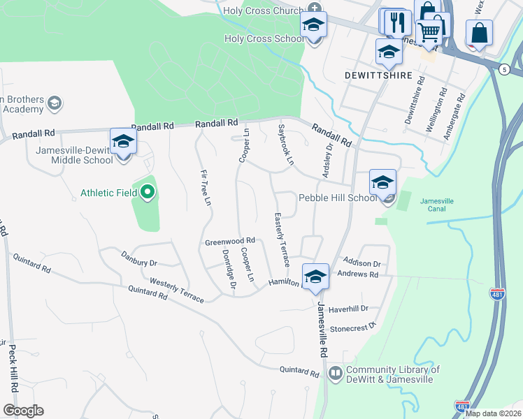 map of restaurants, bars, coffee shops, grocery stores, and more near 115 Cherry Hill in Syracuse