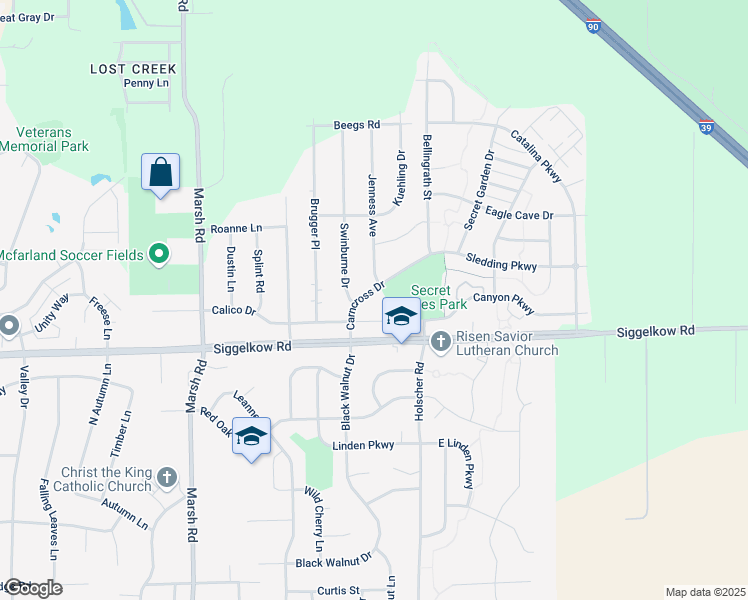 map of restaurants, bars, coffee shops, grocery stores, and more near 3587 Carncross Drive in McFarland
