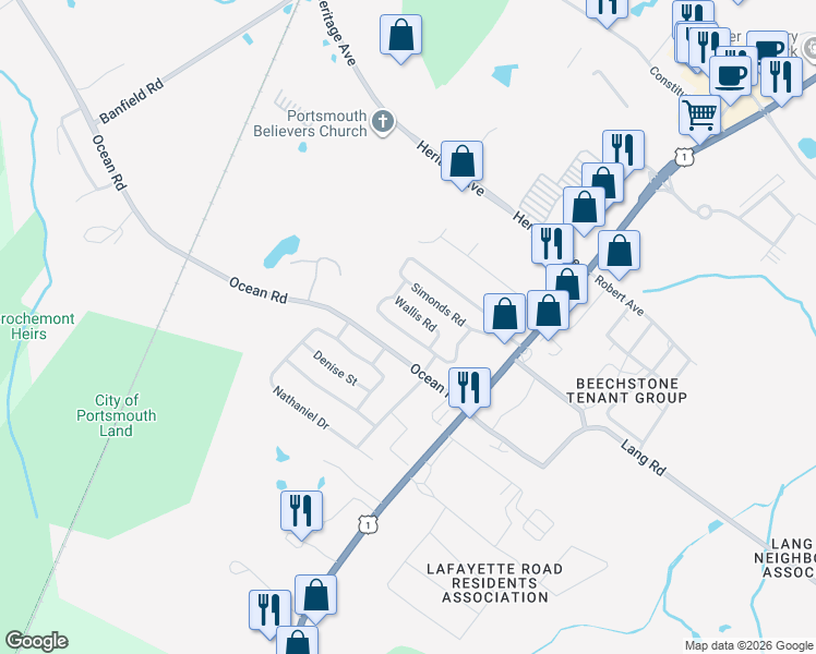 map of restaurants, bars, coffee shops, grocery stores, and more near 3 Suzanne Drive in Portsmouth