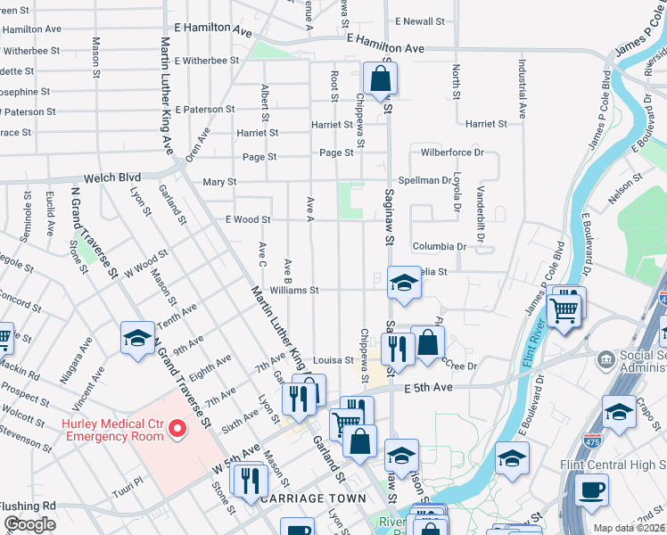 map of restaurants, bars, coffee shops, grocery stores, and more near 1214 Avenue A in Flint