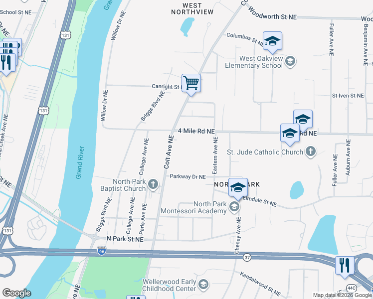 map of restaurants, bars, coffee shops, grocery stores, and more near 3520 Coit Avenue Northeast in Grand Rapids