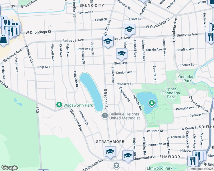 map of restaurants, bars, coffee shops, grocery stores, and more near 715 Crossett Street in Syracuse