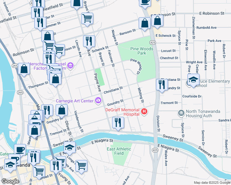 map of restaurants, bars, coffee shops, grocery stores, and more near 145 Bryant Street in North Tonawanda