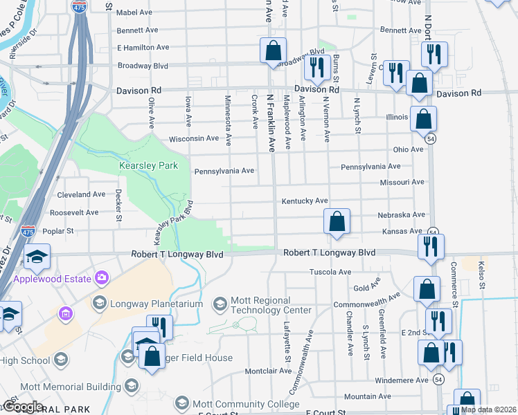 map of restaurants, bars, coffee shops, grocery stores, and more near 1809 Nebraska Avenue in Flint