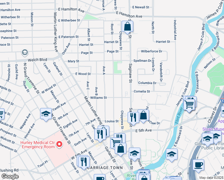 map of restaurants, bars, coffee shops, grocery stores, and more near 1214 Avenue A in Flint