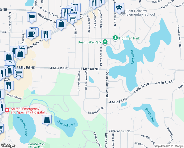 map of restaurants, bars, coffee shops, grocery stores, and more near 2080 4 Mile Road Northeast in Grand Rapids