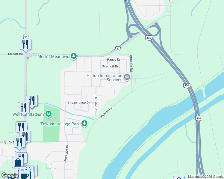 map of restaurants, bars, coffee shops, grocery stores, and more near 90 Alicia Crescent in Thorold