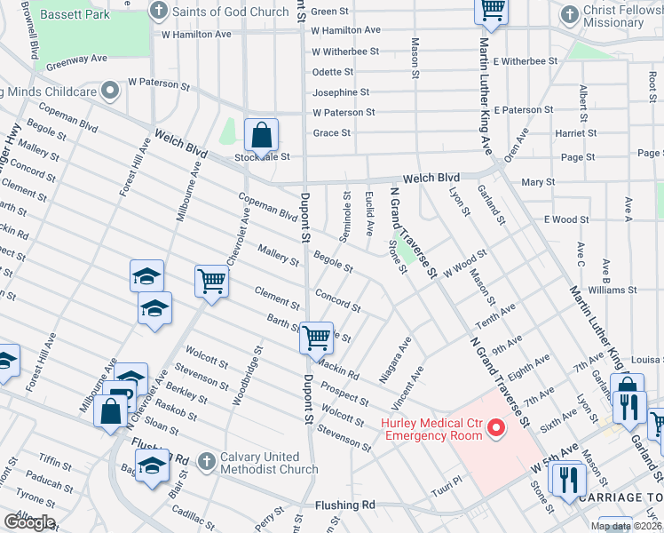 map of restaurants, bars, coffee shops, grocery stores, and more near 1721 Begole Street in Flint