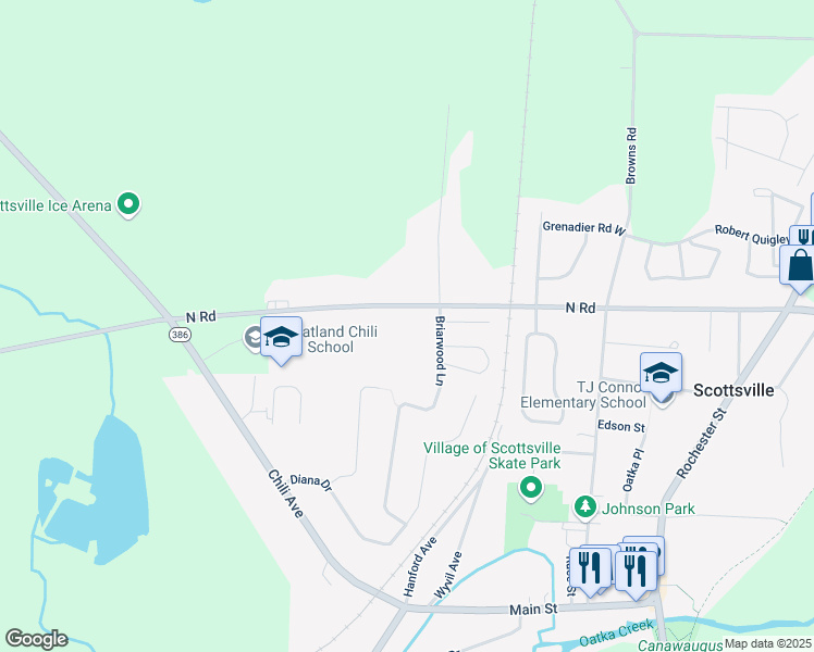 map of restaurants, bars, coffee shops, grocery stores, and more near 711 North Road in Scottsville