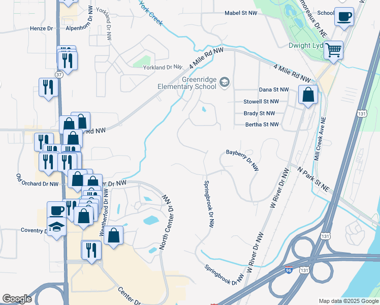 map of restaurants, bars, coffee shops, grocery stores, and more near 334 Dakota Drive Northwest in Grand Rapids