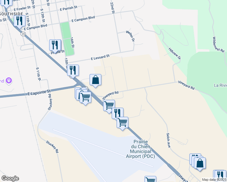 map of restaurants, bars, coffee shops, grocery stores, and more near 63151 Vineyard Road in Prairie du Chien