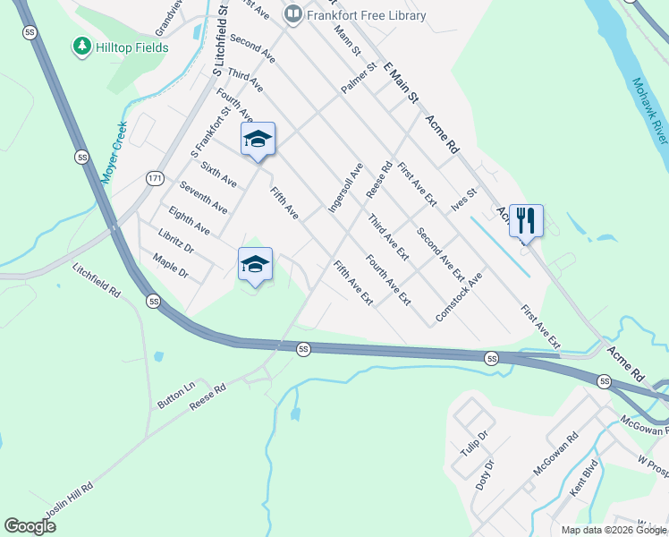 map of restaurants, bars, coffee shops, grocery stores, and more near 105 Rosemont Avenue in Frankfort