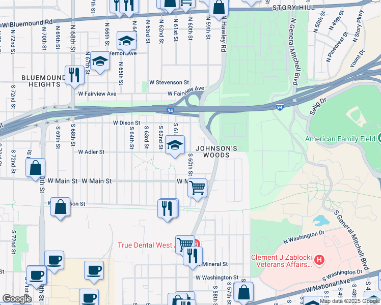 map of restaurants, bars, coffee shops, grocery stores, and more near S 60th St & W Adler St in Milwaukee