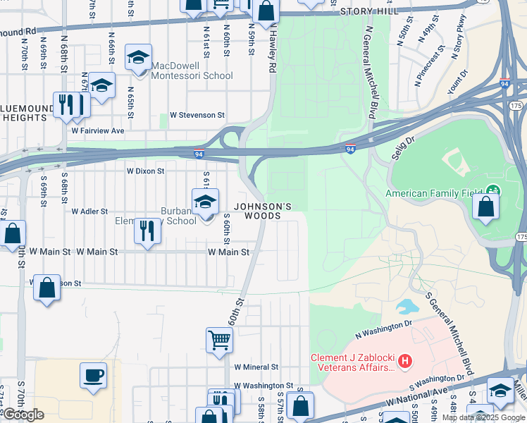 map of restaurants, bars, coffee shops, grocery stores, and more near South Hawley Road in Milwaukee