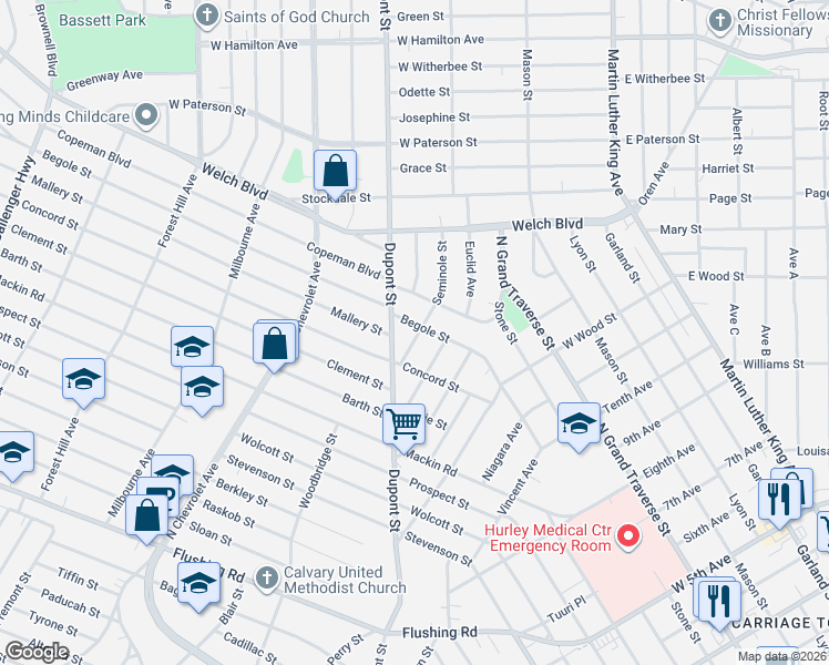 map of restaurants, bars, coffee shops, grocery stores, and more near 1721 Begole Street in Flint