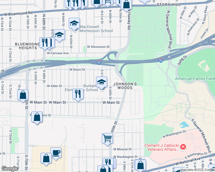 map of restaurants, bars, coffee shops, grocery stores, and more near 6035 West Adler Street in Milwaukee