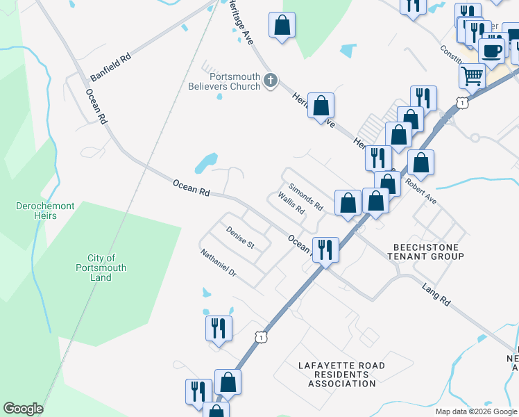 map of restaurants, bars, coffee shops, grocery stores, and more near 7 Pamela Street in Portsmouth
