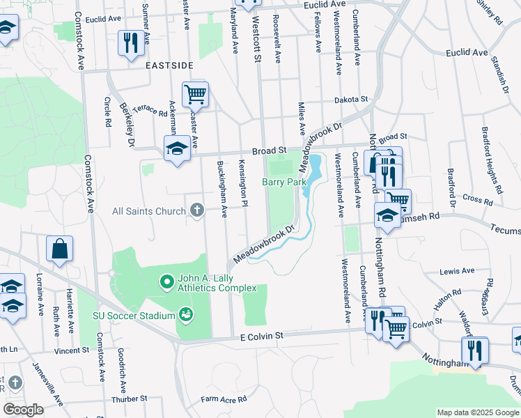 map of restaurants, bars, coffee shops, grocery stores, and more near 315 Kensington Place in Syracuse