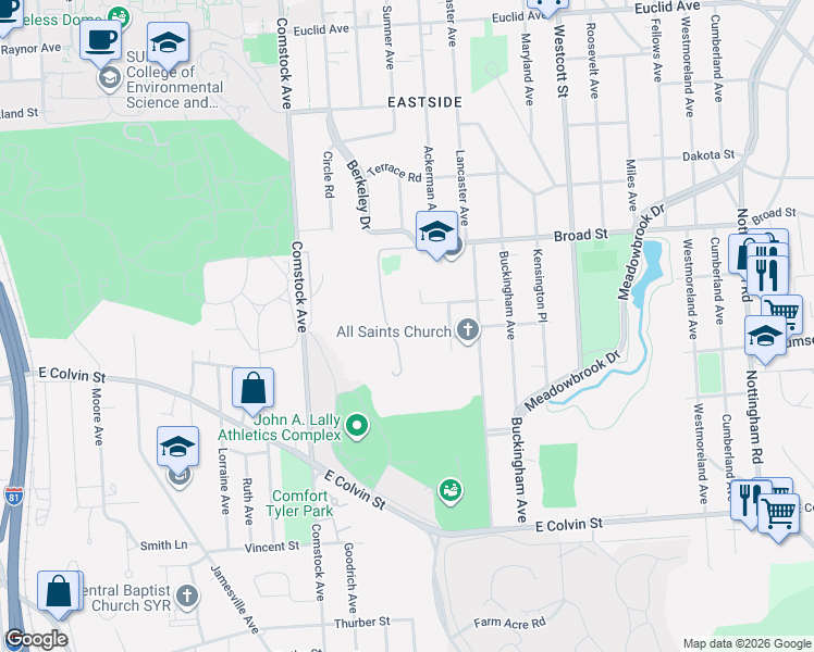 map of restaurants, bars, coffee shops, grocery stores, and more near 1387 W Colvin St in Syracuse