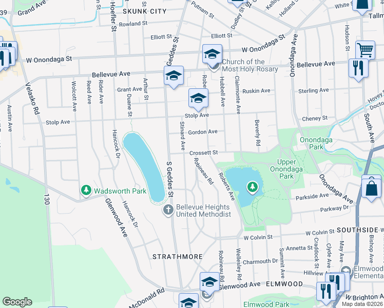 map of restaurants, bars, coffee shops, grocery stores, and more near 108 Robineau Road in Syracuse