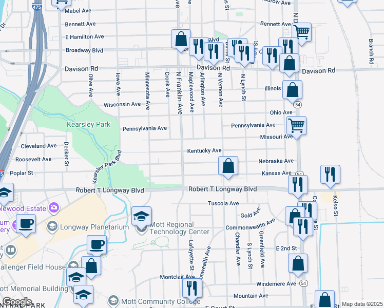 map of restaurants, bars, coffee shops, grocery stores, and more near 1921 Nebraska Avenue in Flint