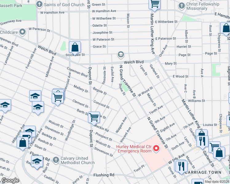 map of restaurants, bars, coffee shops, grocery stores, and more near 1528 Begole Street in Flint