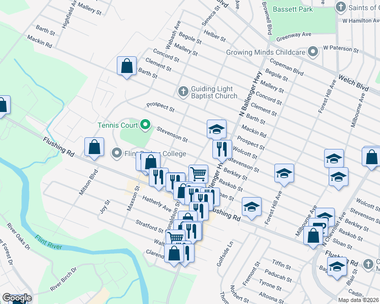 map of restaurants, bars, coffee shops, grocery stores, and more near 3015 Berkley Street in Flint