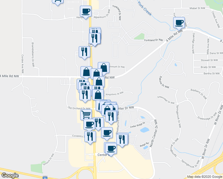 map of restaurants, bars, coffee shops, grocery stores, and more near 673 Kingsbury Street Northwest in Grand Rapids